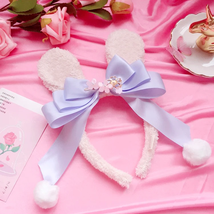 Blue rabbit ears Повязка-бандана для девочки с заячьими ушками в японском стиле с цветком вишни и кроличьими ушками, головной убор для маскарада, головной убор для женщин - Цвет: Blue rabbit ears