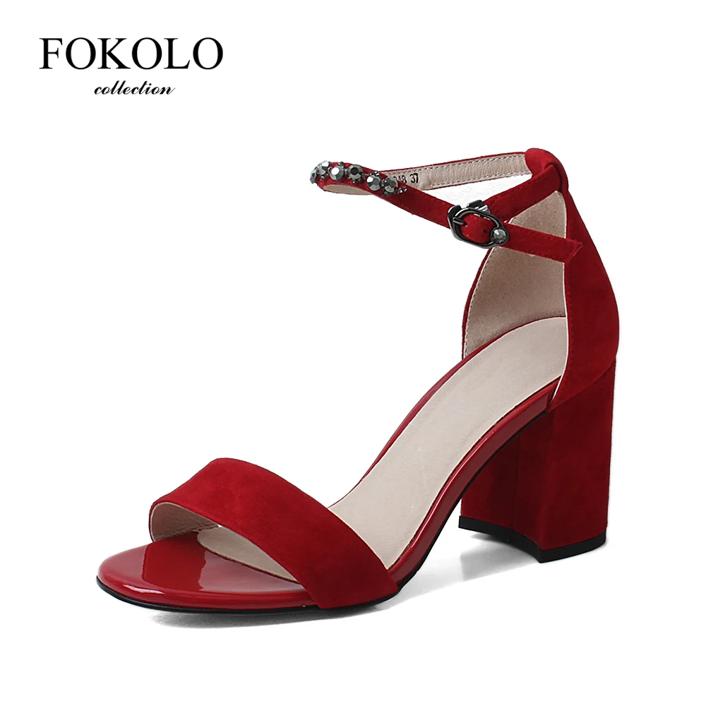 FOKOLO новые сандалии для женщин с ремешком пряжкой и на щиколотке толстом каблуке