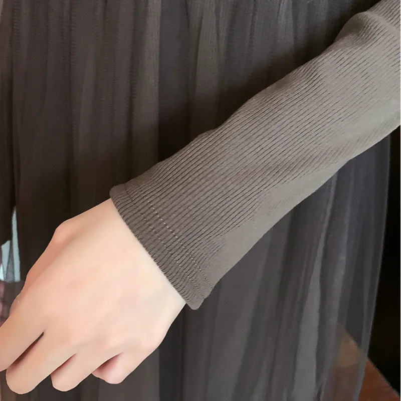 

Women Mesh Dress 2020 Autumn Winter Fashion Female Long Sleeve Vintage A-line Casual Elastic Knitting Dresses Vestido Two Layers