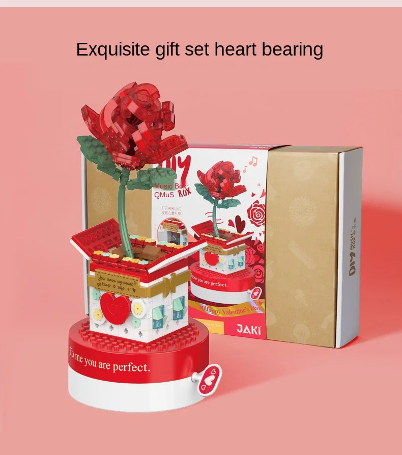 

374pcs Rose Bouquet Building Blocks Music Box Flower Block Diy Bricks Eternal love Educational Model Valentine's Day Gift Toys