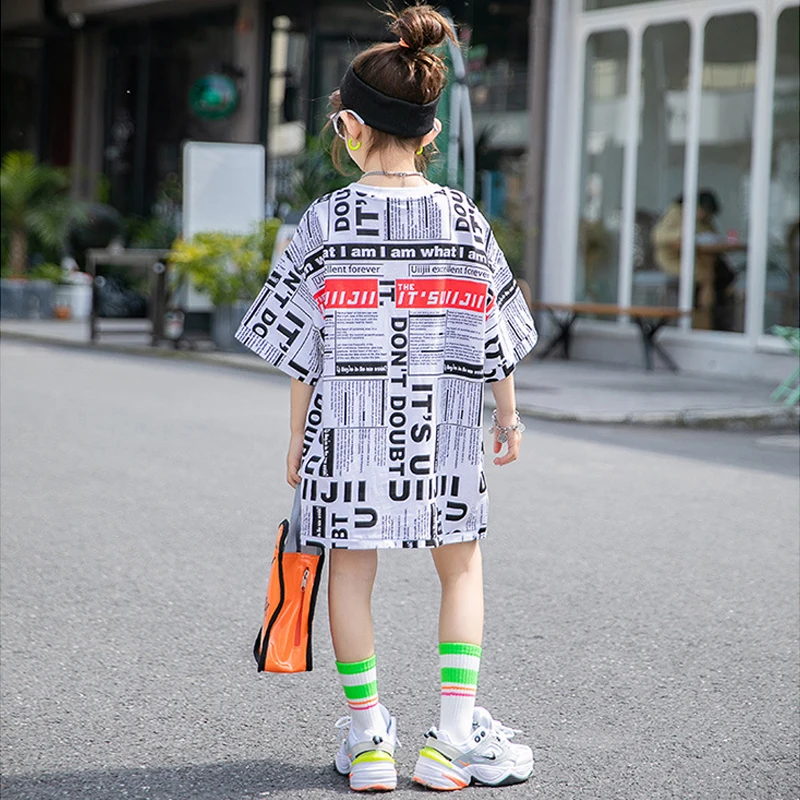 2021 Summer girls t shirt Baby long teen kids dress Children streetwear clothes newspaper full letter print 4 to 14 yrs | Детская одежда
