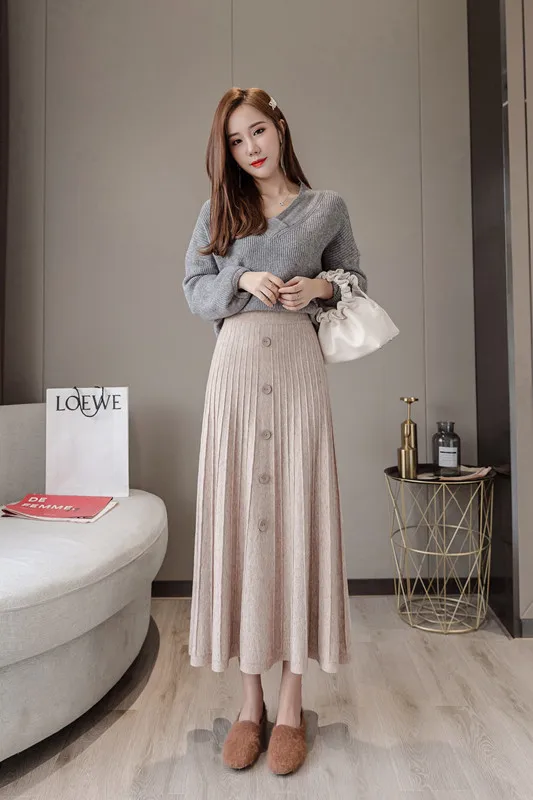sweater with skirt Комплект из 2 предметов, женский осенне-зимний вязаный пуловер с v-образным вырезом, топ и плиссированная длинная юбка, комплект из 2 предметов, свитер, костюмы - Цвет: sweater with skirt