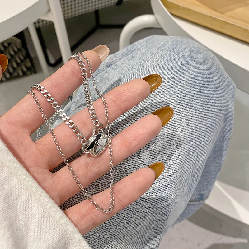 

Korean Hip Hop Fashion Double Layer Wear Necklaces Dog Pattern Pendant Titanium Steel All-match Necklaces Exquisite Jewelry