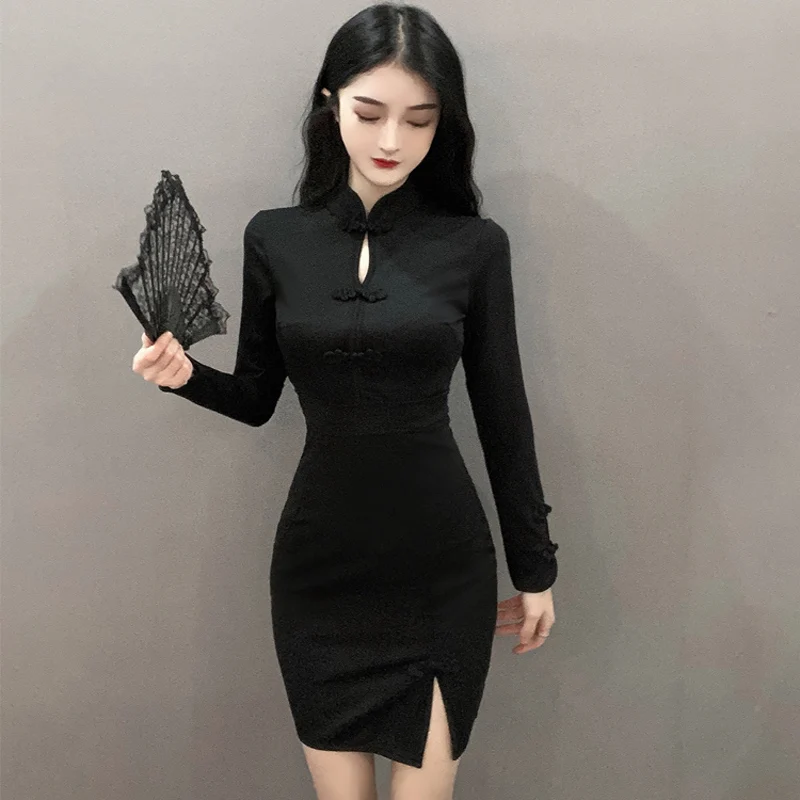 Женское мини-платье-Ципао Sungtin винтажное классическое элегантное тонкое черное