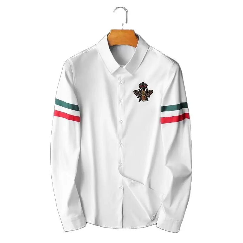 

2021 Boutique Men's Embroidered Slim Long Sleeve Shirt Stripe Fashion Youth High Quality Casual Joker Shirt