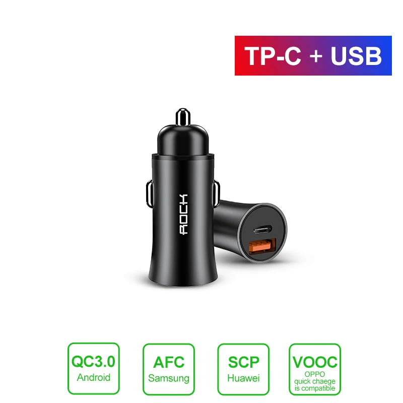 Black Type C USB ROCK 32 Вт Металл Quick Charge 4,0 3,0 Автомобильное зарядное устройство двойной USB для Samsung Huawei Supercharge Quick Charge SCP 5A адаптер Автомобильное зарядное устройство - Тип штекера: Black Type C USB