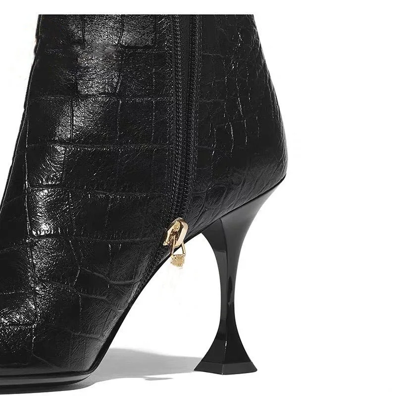 

sexy 2019 autumn/winter fashion golden leather boots new big yards high crocodile grain short boots square head