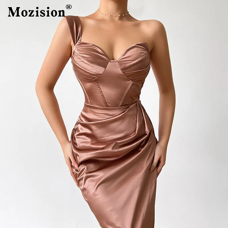 

Платье женское атласное на одно плечо без рукавов с открытой спиной и молнией