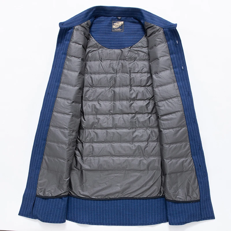 

VROKINO 2019 New Winter Large Size Down Shirt Men's Business Casual Thick Warm 90% White Duck Down Striped Shirt 6XL 7XL 8XL