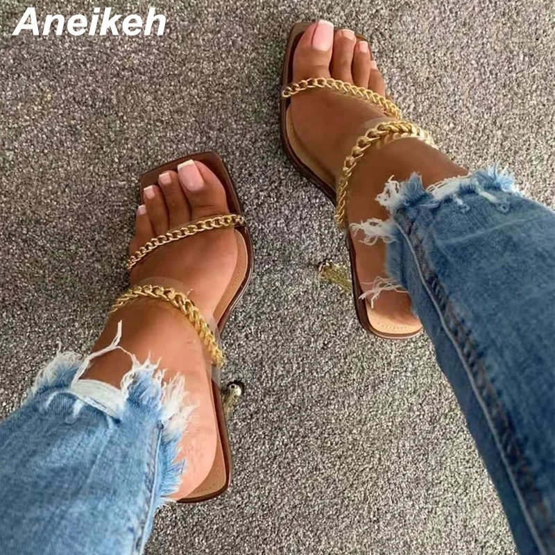 

Aneikeh NEW Fashion Metal Chain Decoratio Clear PVC Transparent High Heel Slippers Slides Pumps Head Peep Toe Party Mules 35-42