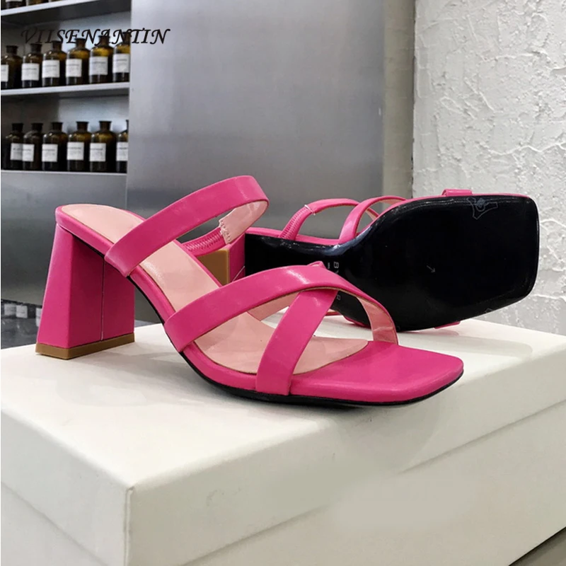 

Fashion square-toe thick high-heel slippers 2021 new French cross strap leather slippers for outer wear ladies Muller shoes