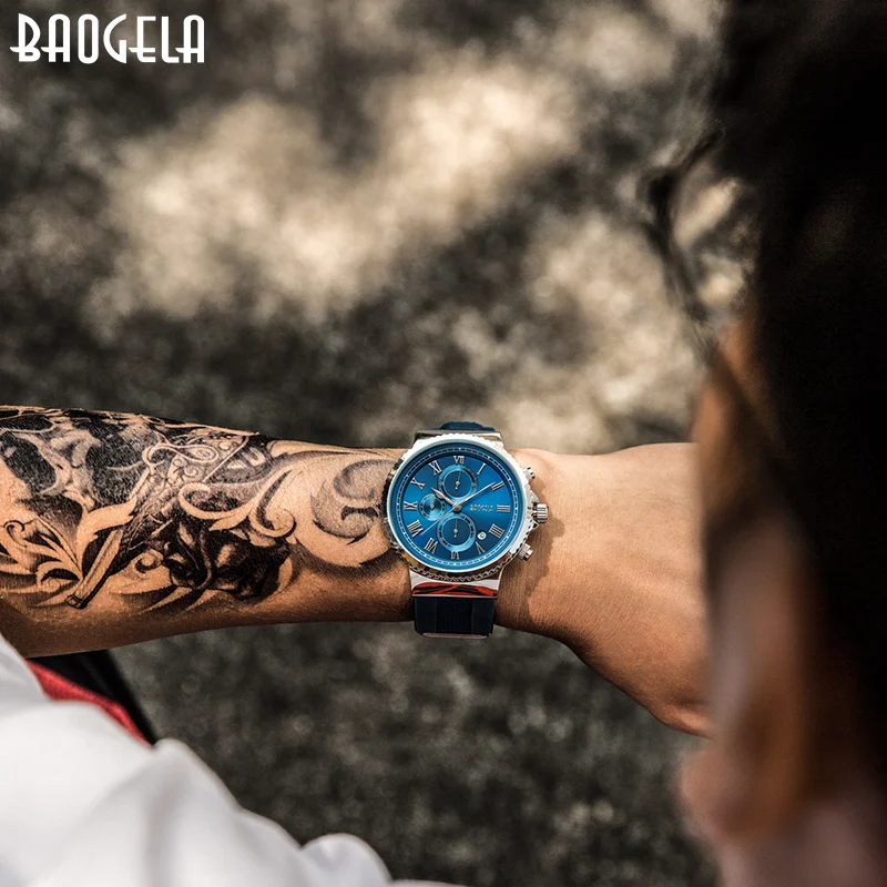 BAOGELA Топ бренд Мужские Роскошные Кварцевые часы мужские Хронограф Спортивные