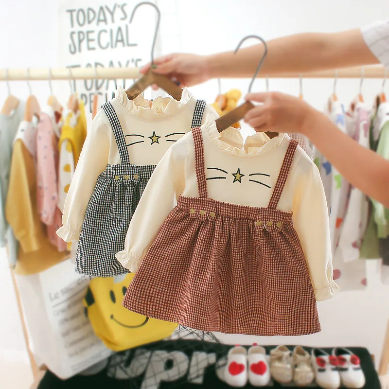 Детское Сетчатое платье с длинным рукавом круглым вырезом и цветочным принтом |