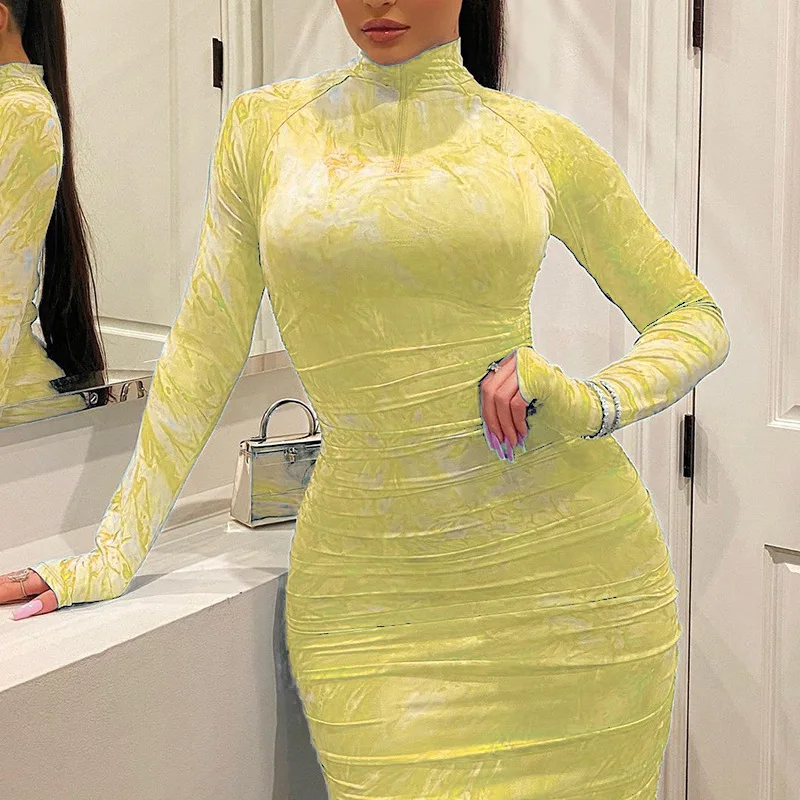 

Slim Dress Fashion Party Prom Female Dresses 2021 Summer O-neck Long Sleeve Women's Plus Size Printed Tie Dye Sexy High Quality