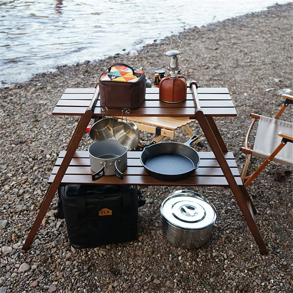 

Camping Folding Shelf Solid Beech Wood Double-Layer Large Capacity Removable Outdoor Glamping Picnic Home Room Storage Shelf