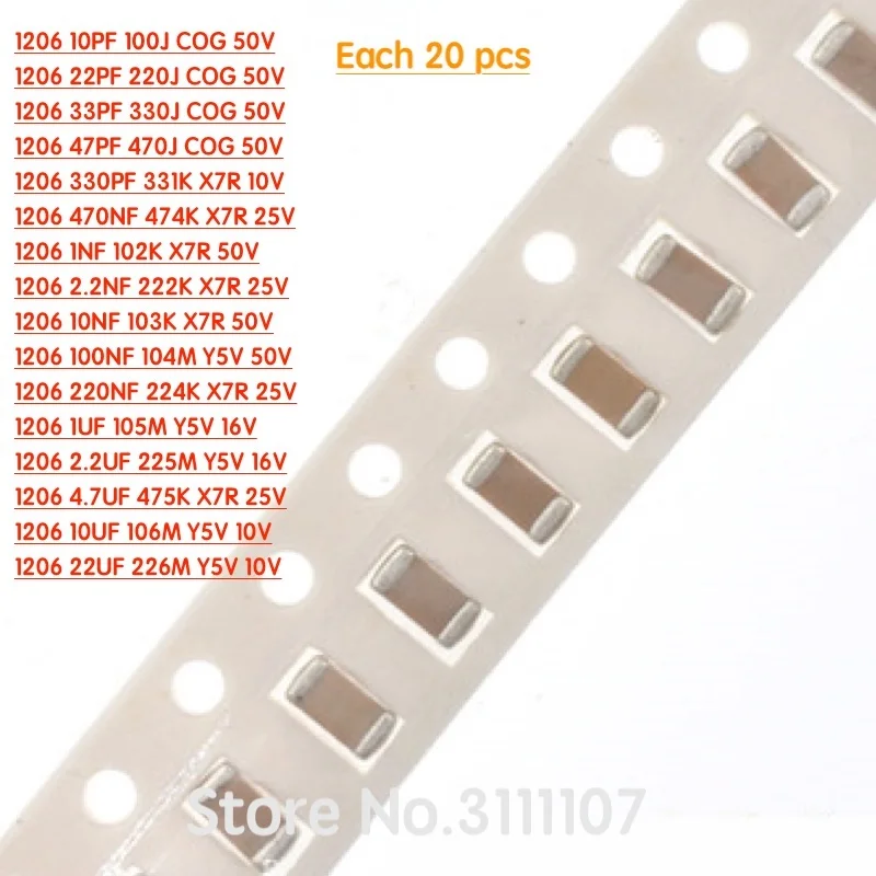 3 20 шт./партия набор конденсаторов 1206 SMD 10 пФ ~ 22 мкФ 3216 16 значений шт. =