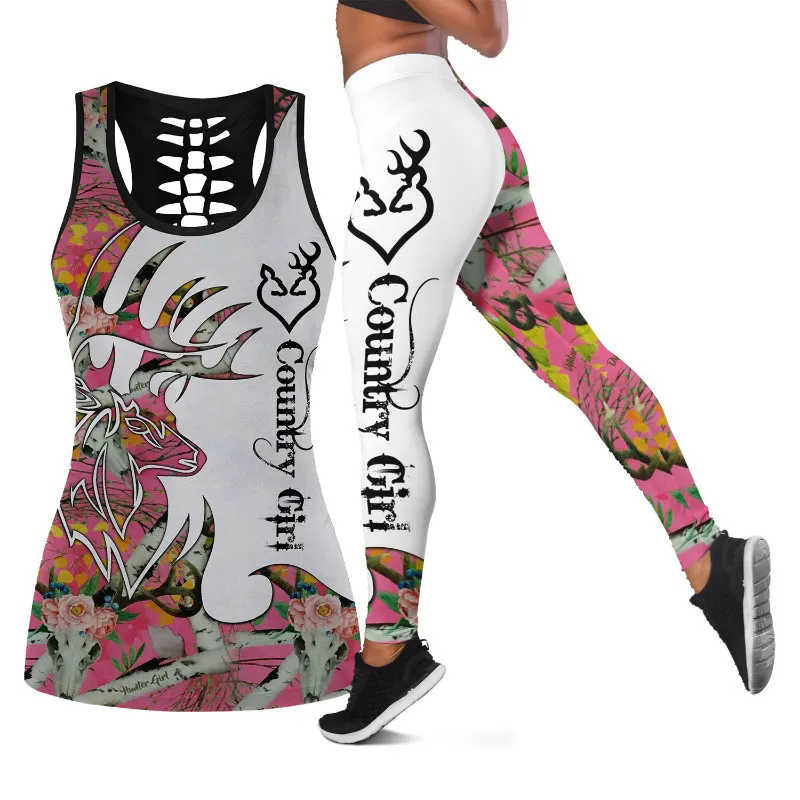 

2021 Summer Casual 2 Piece Set Women Pant Sets Sleeveless Crop Top Pant Outfits Country Elk Cirt Letter Deer Print Fitness Suit