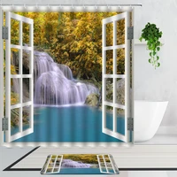 nordic window scenery shower curtains waterfall forest lake bathroom curtains non slip bath mat carpet home decor bathtub screen