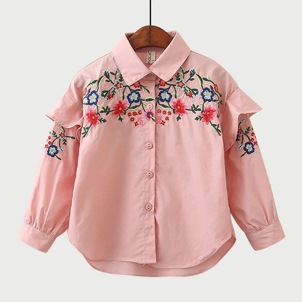 Модная брендовая Блузка для девочек с цветочной вышивкой милая детская Весенняя