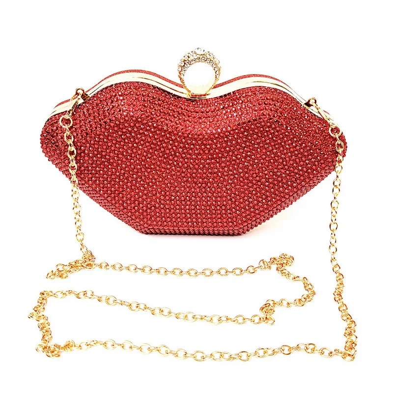 

Luxury Women Day Clutch Purse Rhinestones Red Pink Color Small Evening Bags Purse Finger Ring Diamonds