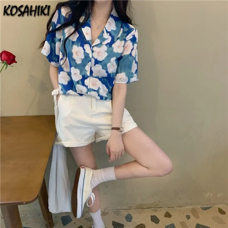 

KOSAHIKI Floral Print Harajuku Short Sleeve Shirt Women Top Summer 2021 All Match Blouse Streetwear Turn Down Collar Blusas