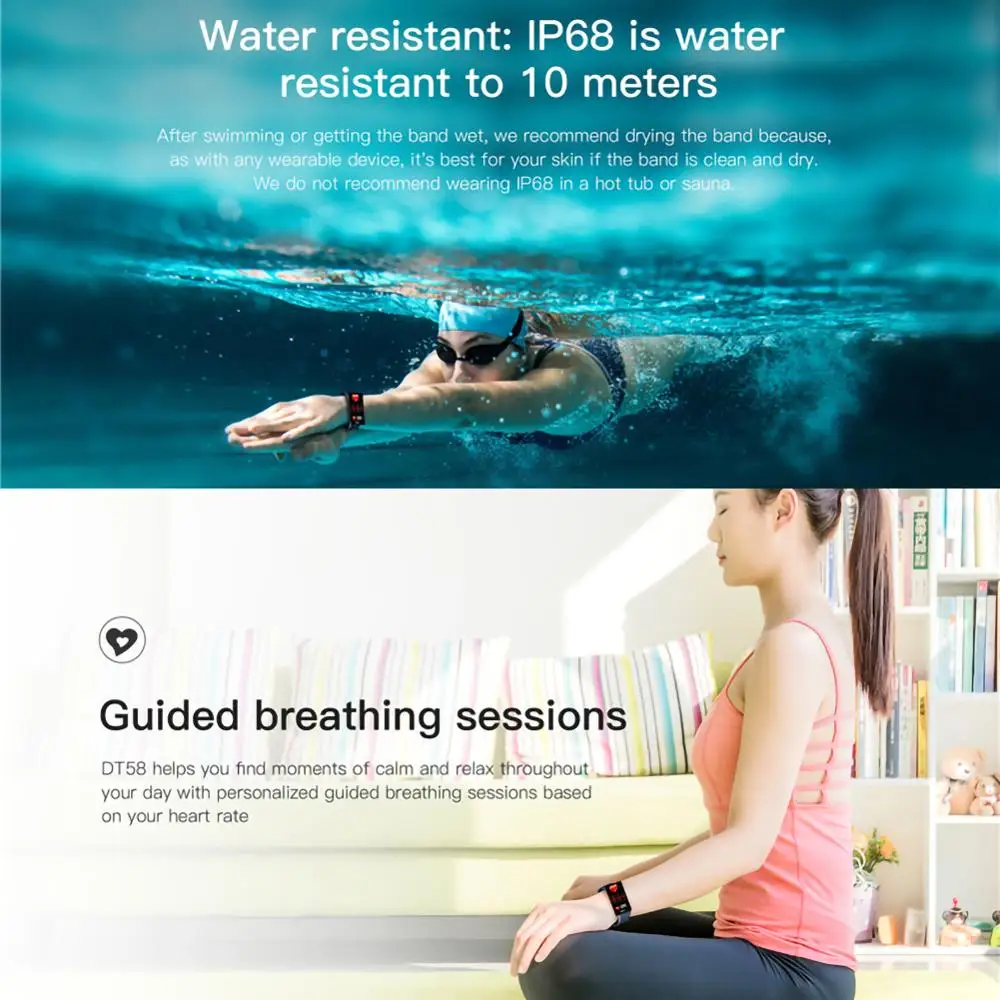 For DT58 1.14 Inch large Color screen Smart Recording Bracelet With Heart Rate ECG Blood Pressure IP68 Fitness Wrisatband | Электроника