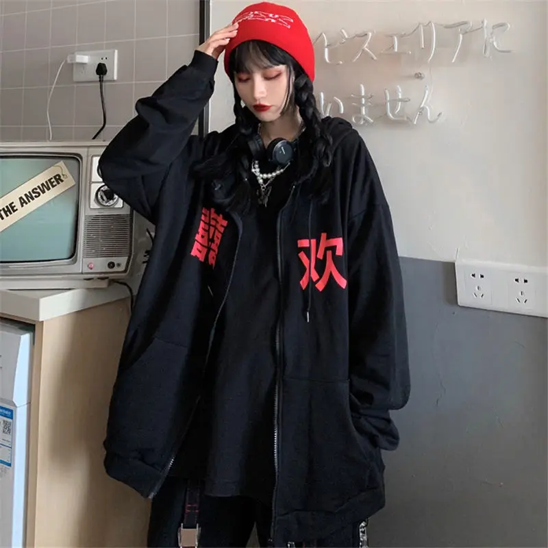 

Japanese Harajuku Hoodie Women Girl Shirt Sweatshirt Hooded Zipper Up Jacket White Coat Clothing Zip Pocket Clothes