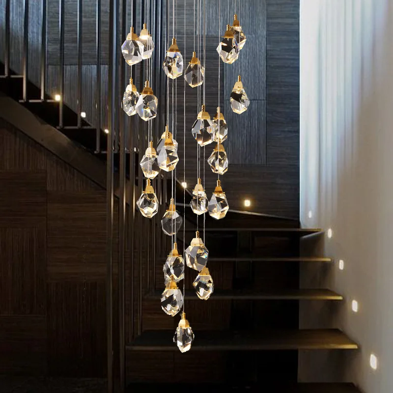 Nordic Luxury Staircase Decoration Led Chandelier Lighting Modern Duplex Restaurant Bar Ceiling Light K9 Crystal Hanging Lamps