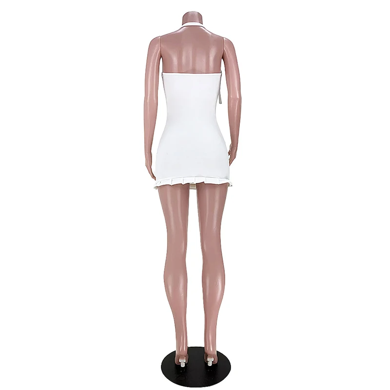 

Bonnie Forest Elegant White Ruffles Bodycon Short Party Dress Summer Sundress Womens Halter Neck Cute Skinny Outfits Club Wear
