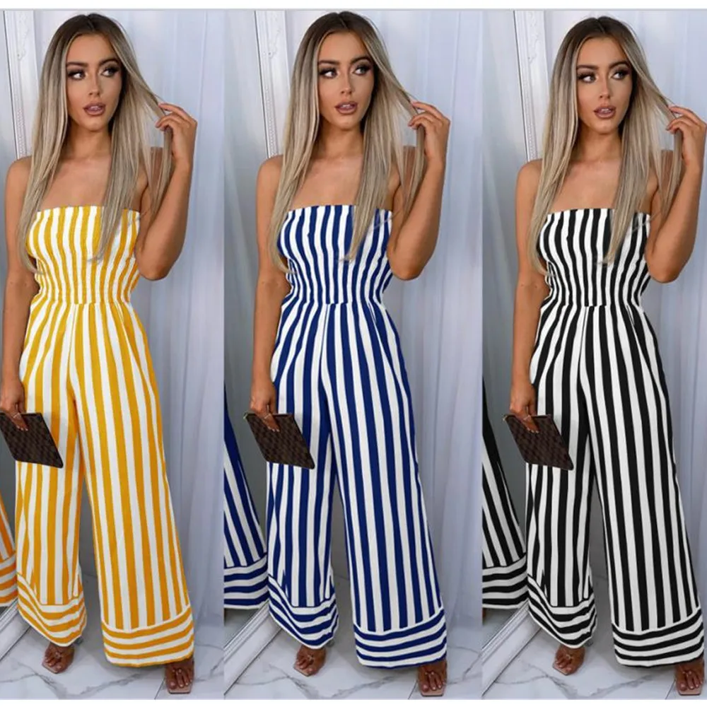 

Женский комбинезон в полоску, повседневный Свободный комбинезон с открытыми плечами и широкими штанинами, лето 2021
