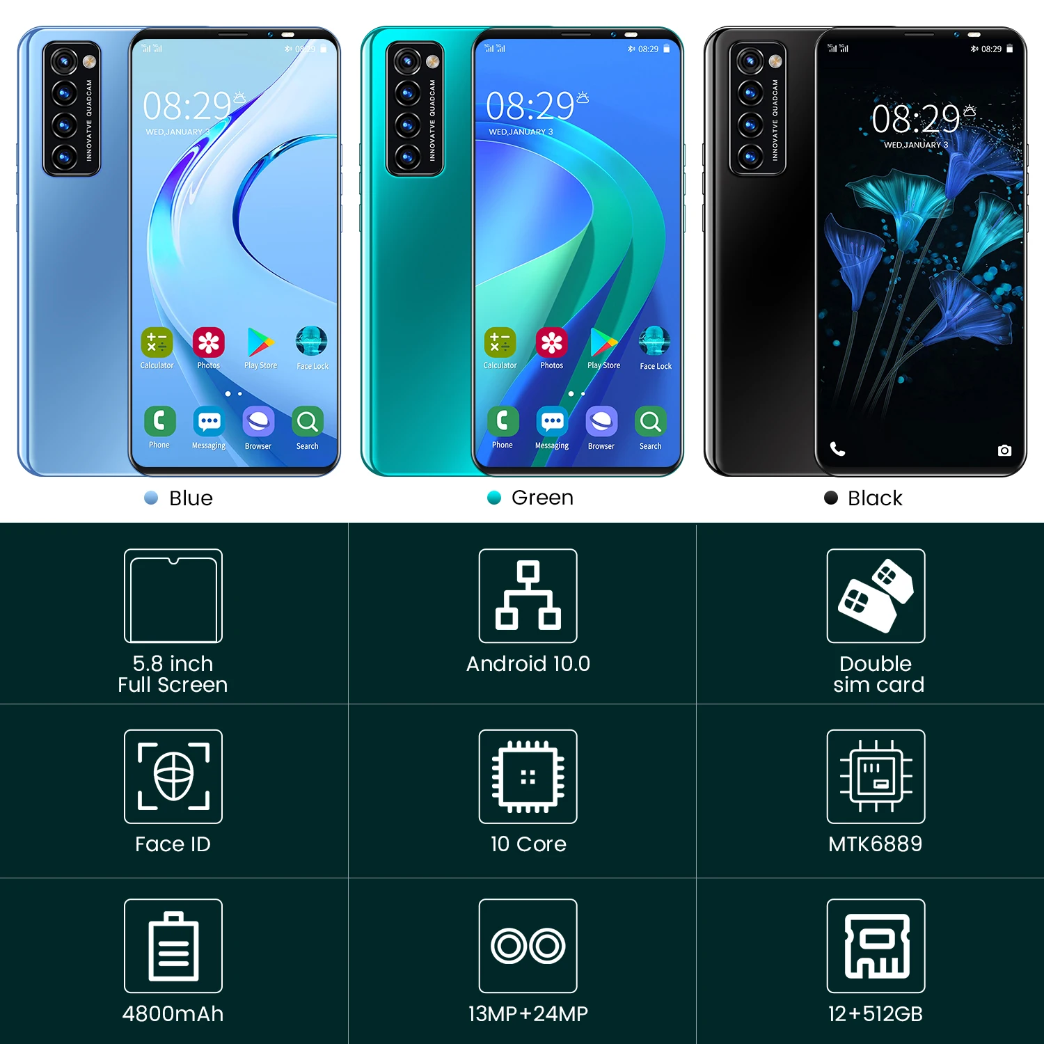 

Undefined Deca Core Smartphone Rino6 Pro Android10.0 4800mAh 13MP+24MP 5G 5.8 Inch 12GB 512GB Global Version Mobile Phone