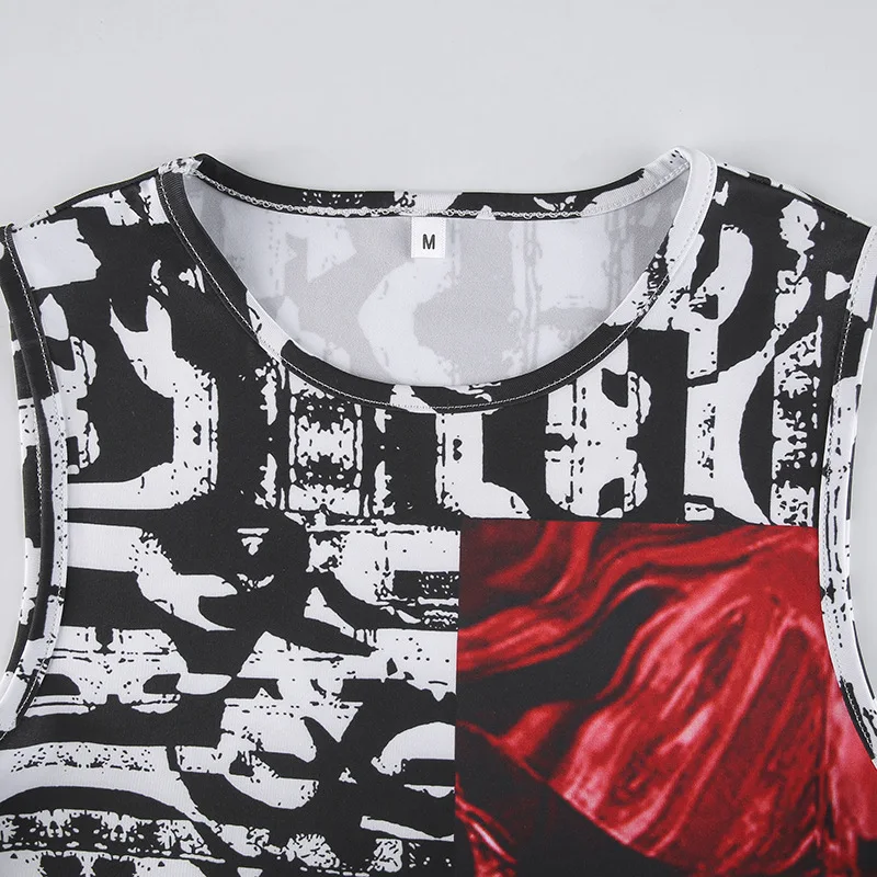 

2021 Summer Print Black Crop Top Y2K Women Sleeveless Vintage gothic clothes Off Shoulder Sexy Tank Tops fairy grunge