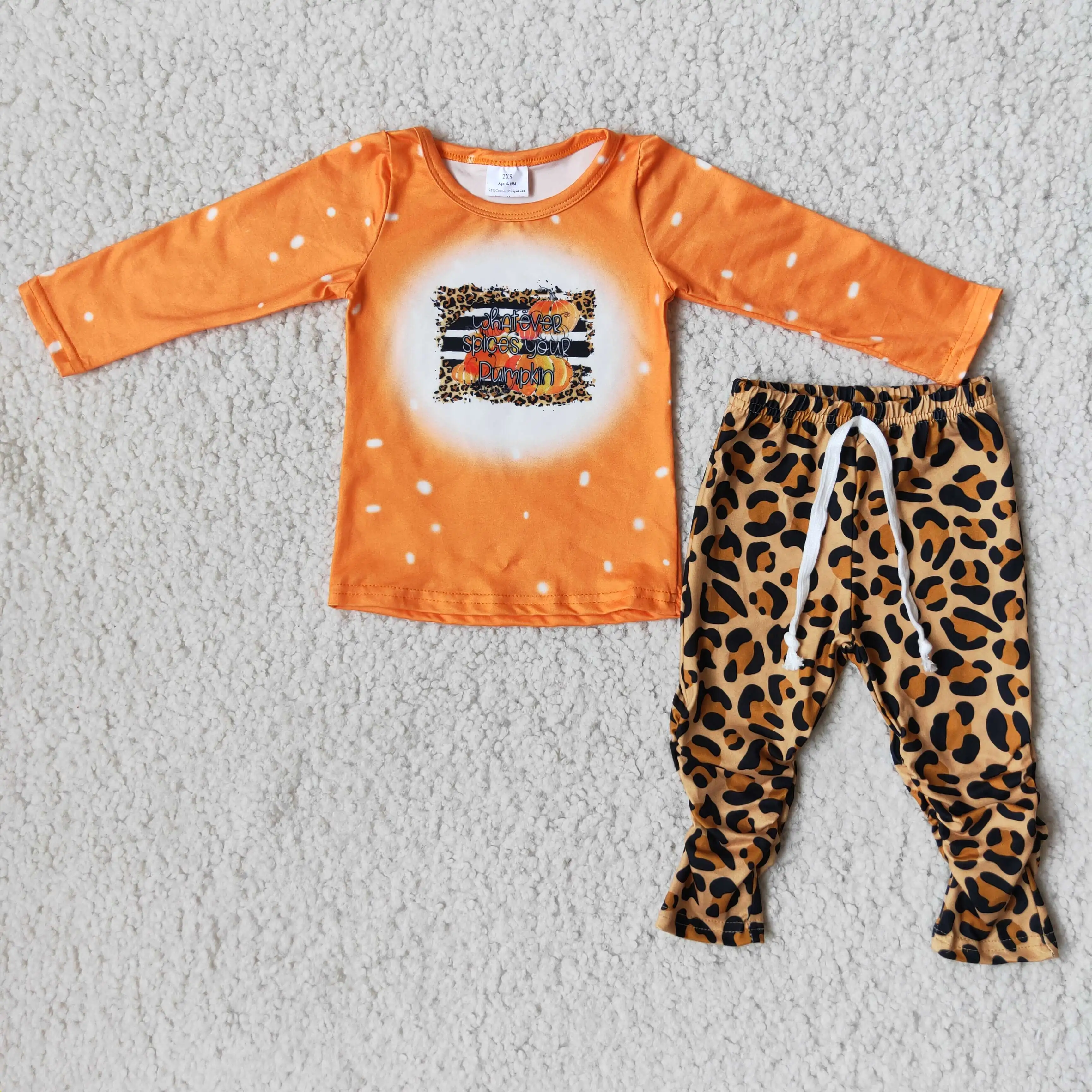 

Halloween pumpkin designer clothes girl sets long sleeve orange bleached girl top leopard waist legging pants children outfits