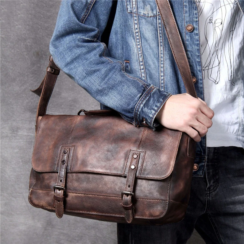 vintage casual genuine leather men's messenger bag fashion outdoor designer natural real cowhide work tablets shoulder bag