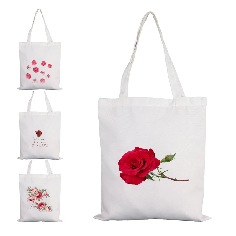 

Red Rose Tote Bag Bags With Handle Women's Luxury Designer Handbags Woman Free Shipping Shopper Print Canvas Cloth Shoulder 2021