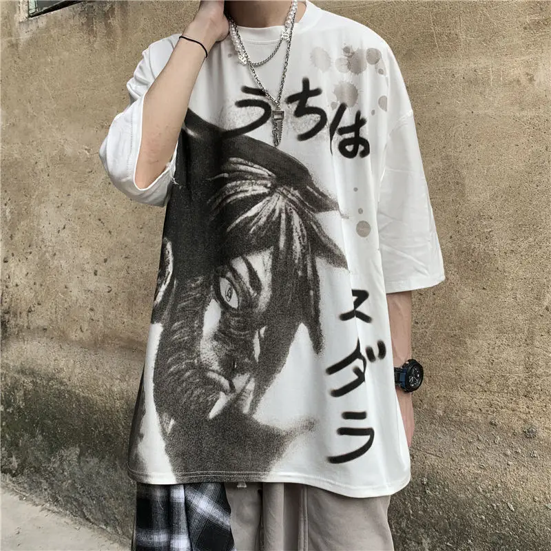 

Summer short-sleeved T-shirt Japanese loose cartoon character printing hip-hop large size ins men's compassionate shirt
