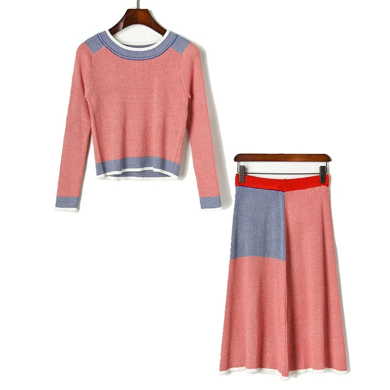 Вязаный комплект из двух предметов 2019 Осенний укороченный пуловер с круглым