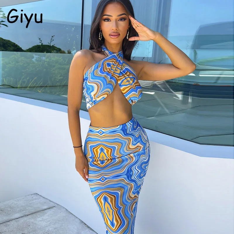 

Giyu Vintage Print Two Piece Set Women Outfits Sexy Bodycon Halter Backless Crop Top Dress Sets 2021 Summer Bandage 2 Piece Set