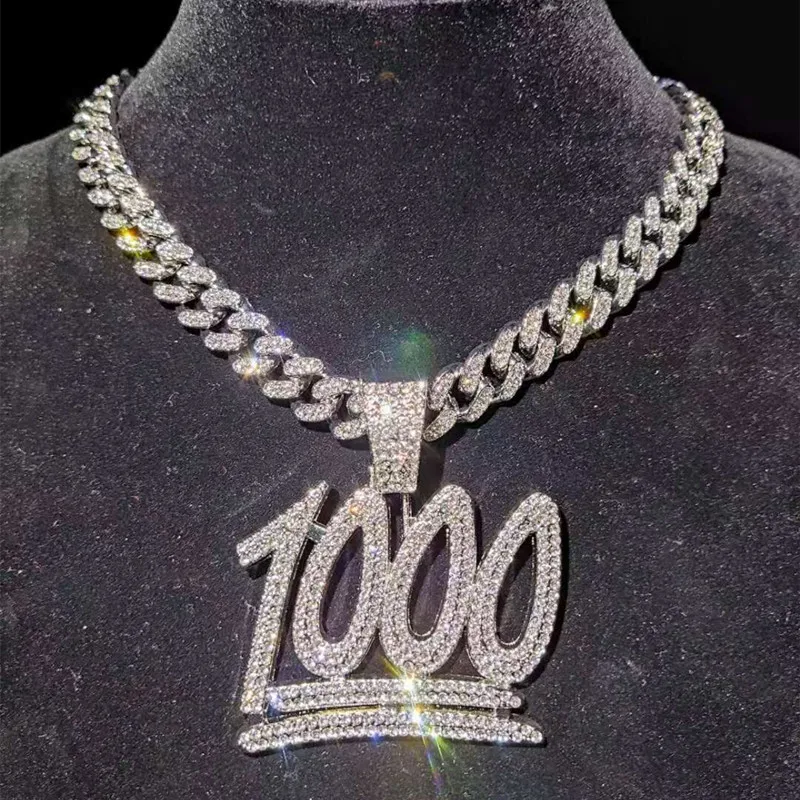 

Men Hip Hop 1000 Number Pendant Necklace With 13mm Miami Cuban Chain Iced Out Hiphop Necklaces Male Fashion Jewelry Gifts
