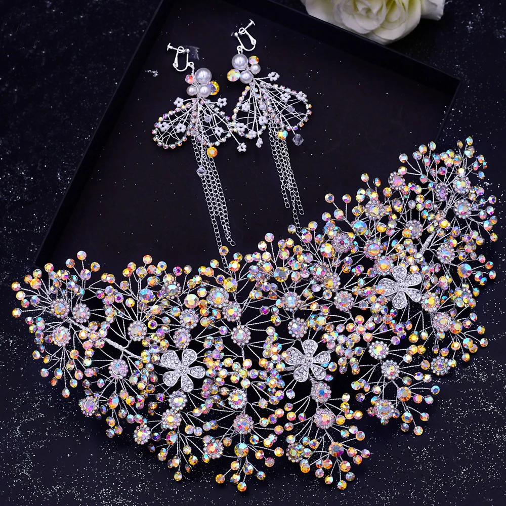 

Elegant Gold Silver Crystal Bridal Jewelry Sets Rhinestone Wedding Crowns and Tiaras for Women Earrings Sets Wedding Accessories