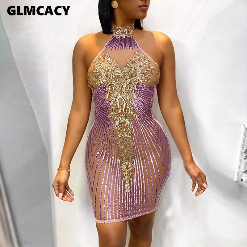 Женское платье с лямкой на шее блестками открытыми плечами открытой спиной