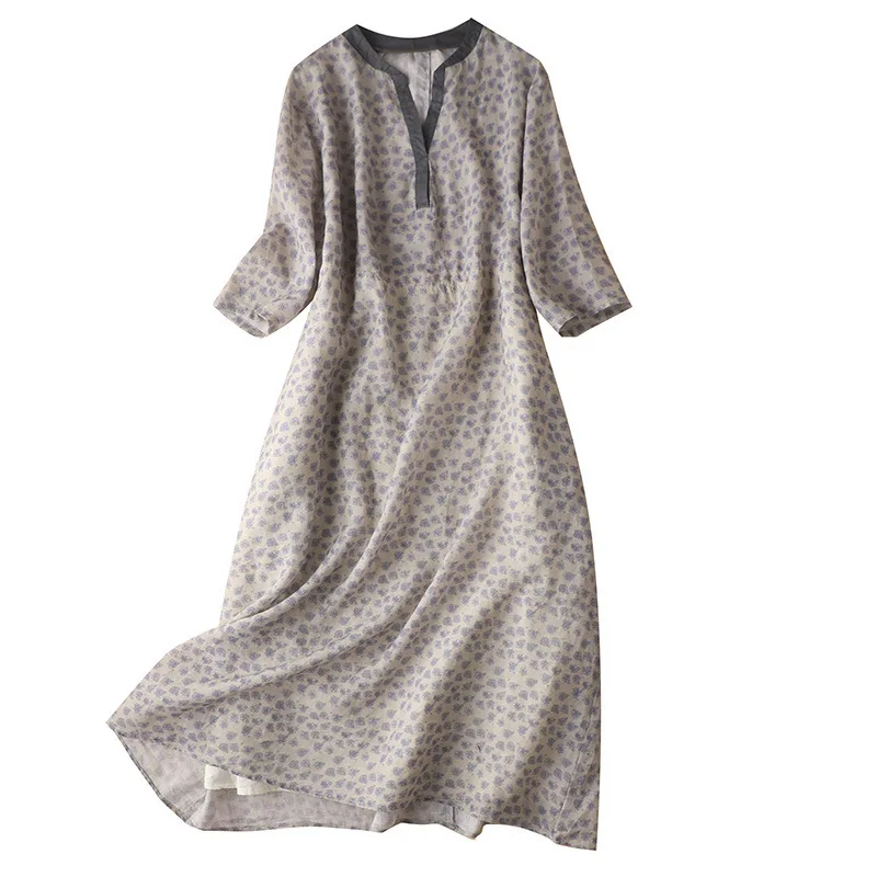 

SHUCHAN Women Dresses Summer 2021 Ramie COTTON Vintage Print Maxi Birthday Dress for Women Indie Folk V-Neck