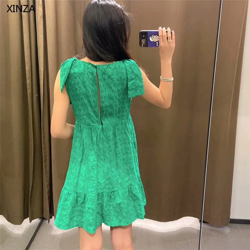 

2021 ZA Women Short Embroidered Green Jumpsuit Sleeveless Bows Vintage Summer Playsuit Back Opening Pleat Embroidery Jumpsuits