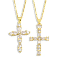 luxury shiny white cubic zirconia gold plated brass christian cross charm pendant necklace for women men religious jewelry gift