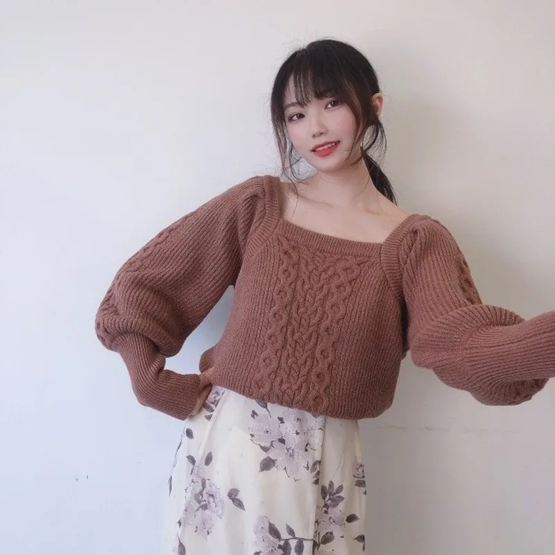 

Square Collar Lantern Sleeve Pullover Knit Sweater Women Jacquard Design Twist Slim Fit Pull Femme Spring 2021 New Solid Sueter