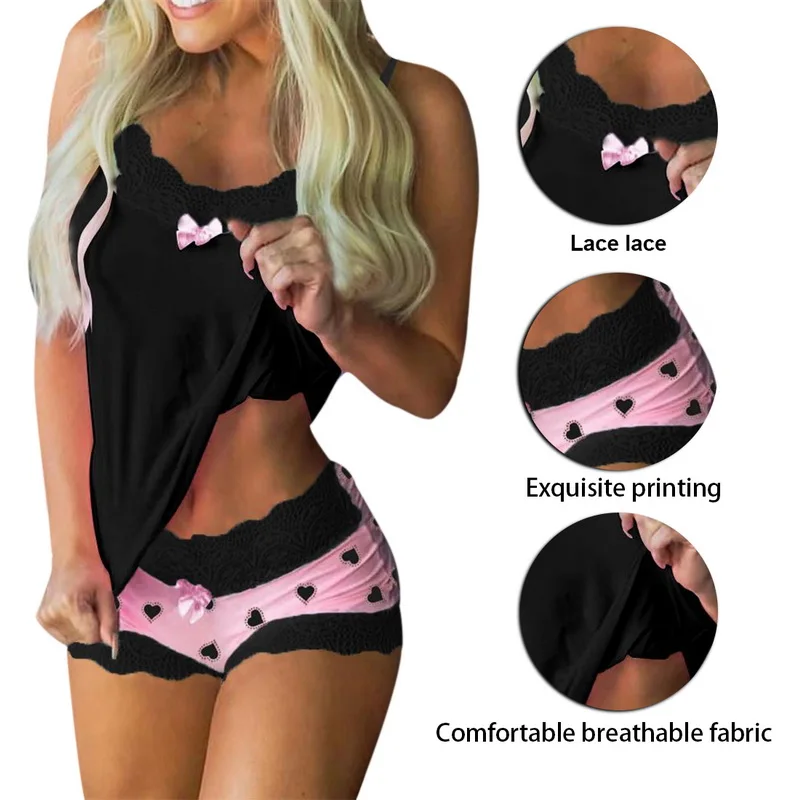 

2021 Women Pajamas Set Print Sleeveless Pijamas O Neck Bow Pyjamas Women Cute 2PC Set Sleepwear Kawaii Home Clothes