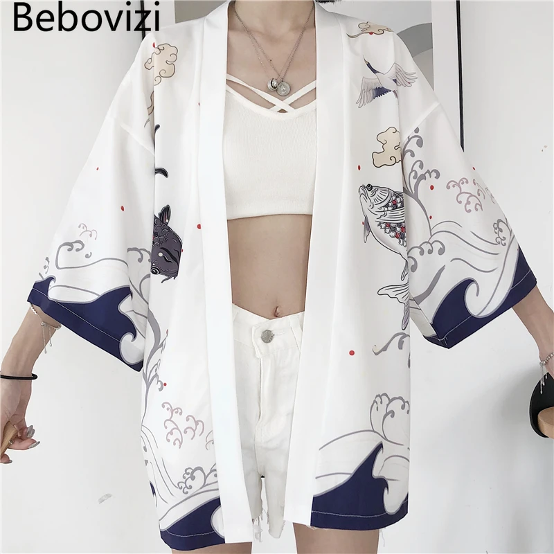 Кимоно Bebovizi женское с принтом рыбы традиционный кардиган в стиле Харадзюку юката