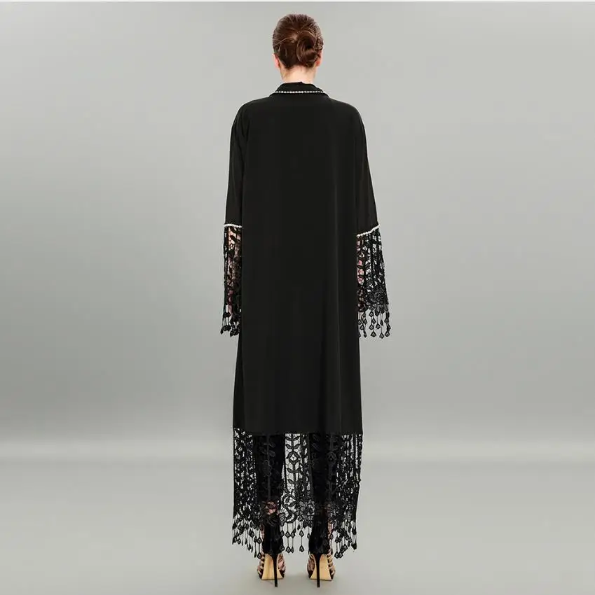 

Ramadan Eid Dubai Fashion Muslim Dress Diamond Beading Islamic Abaya Dress Kaftan Lace Tassel Stitching Muslim Lace Abaya wj1057