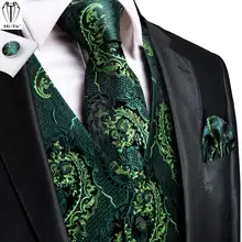 Hi-Tie Silk Mens Suit Vests Green Floral 4PC Woven Waistcoat Tie Pocket Square Cufflinks Set Business Wedding Dress Waist Jacket (2)
