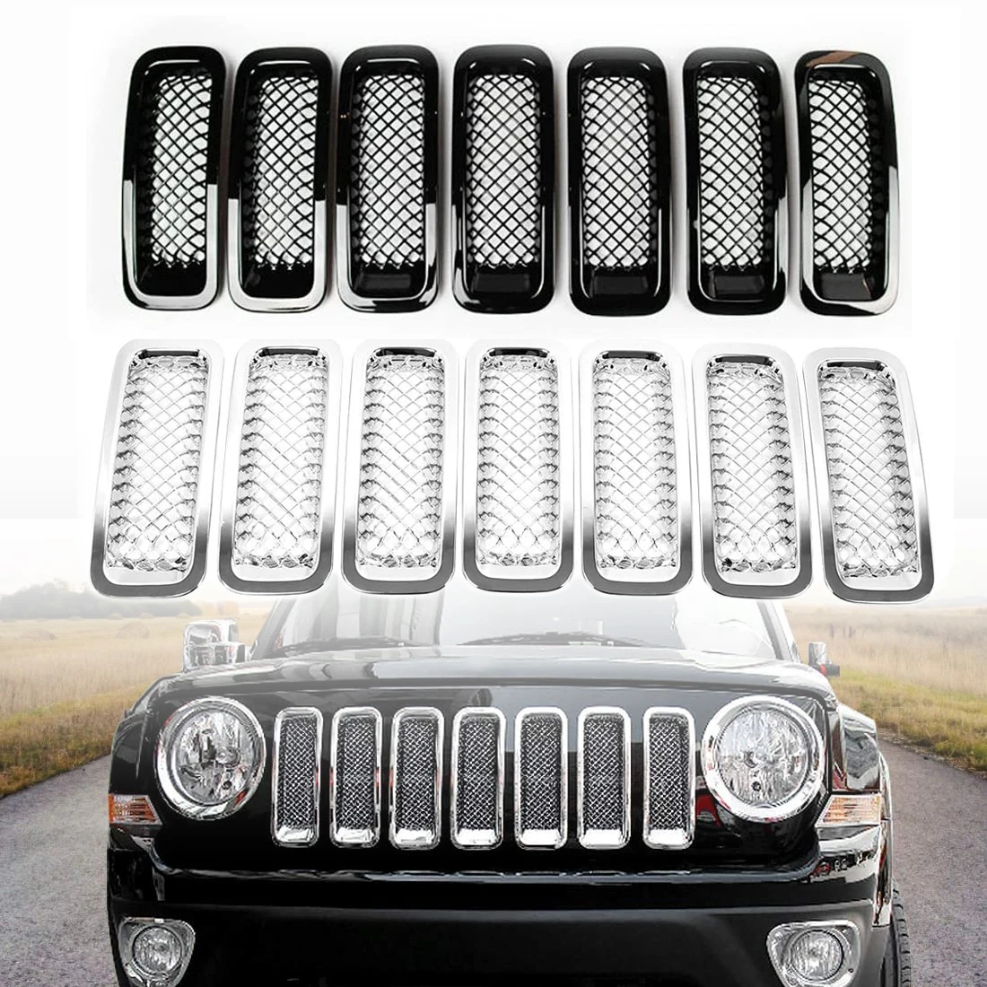 

7pcs/set Front Mesh Grille Cover Car Chrome Styling Decoration Adhesive For Jeep Patriot 2011-2016 Honeycomb Grill Insert Trim